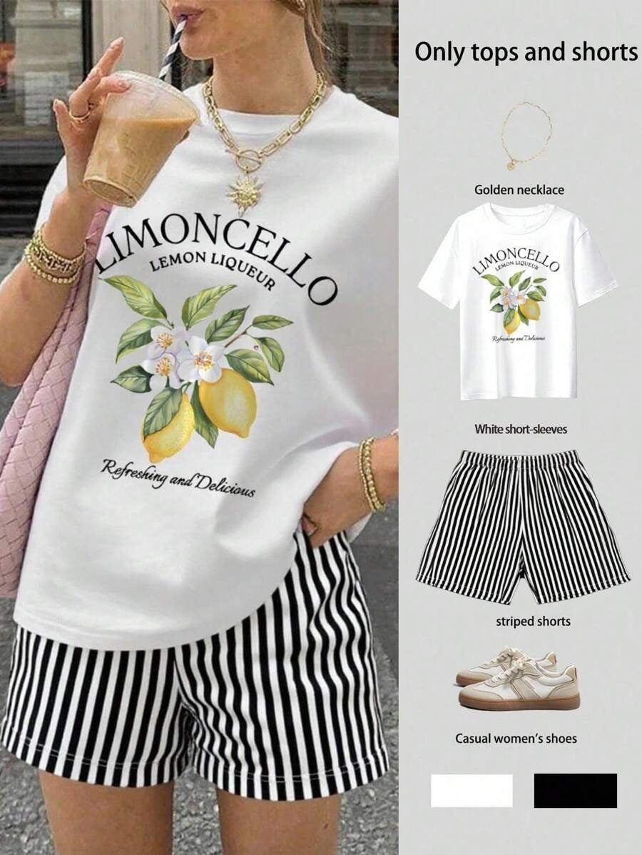 Conjunto con estampado de letras y limones, y shorts a rayas