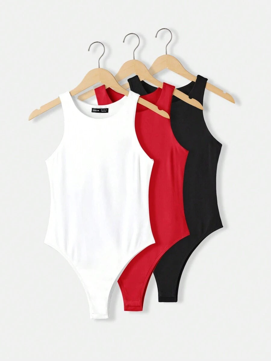 Body basico ajustado de punto, sin mangas y de cuello redondo