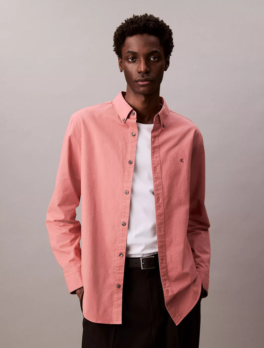 Camisa manga larga unicolor Oxford con logo
