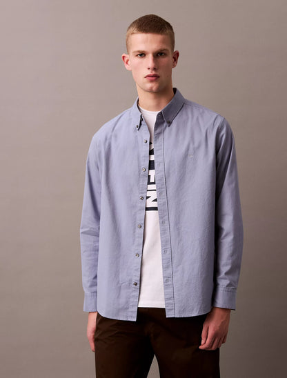 Camisa manga larga unicolor Oxford con logo