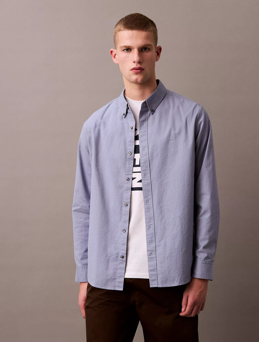 Camisa manga larga unicolor Oxford con logo