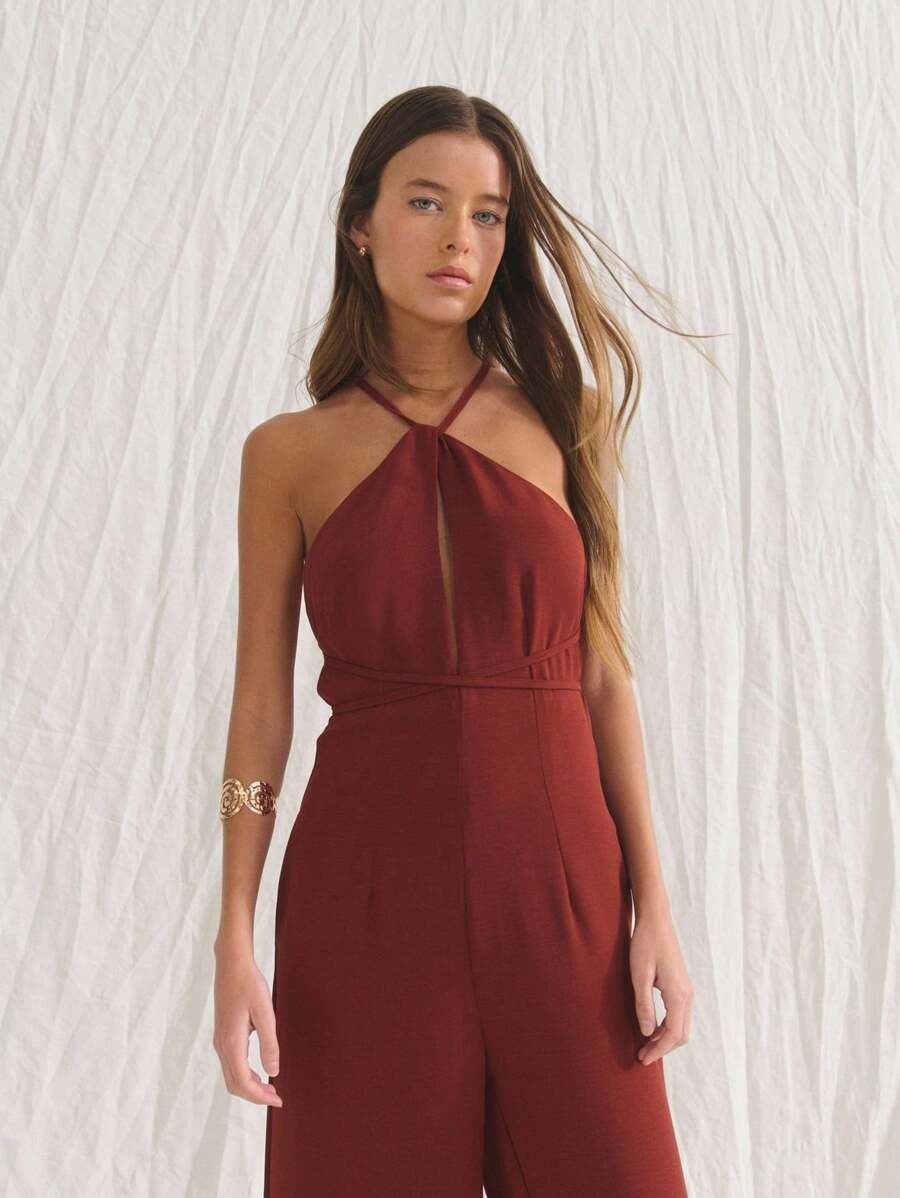 Braga con escote halter, abertura delantera y corte de pierna ancha