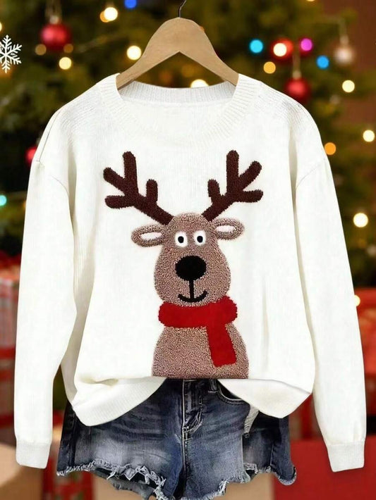 Suéter holgado de cuello redondo de manga larga con estampado de ciervos 3D