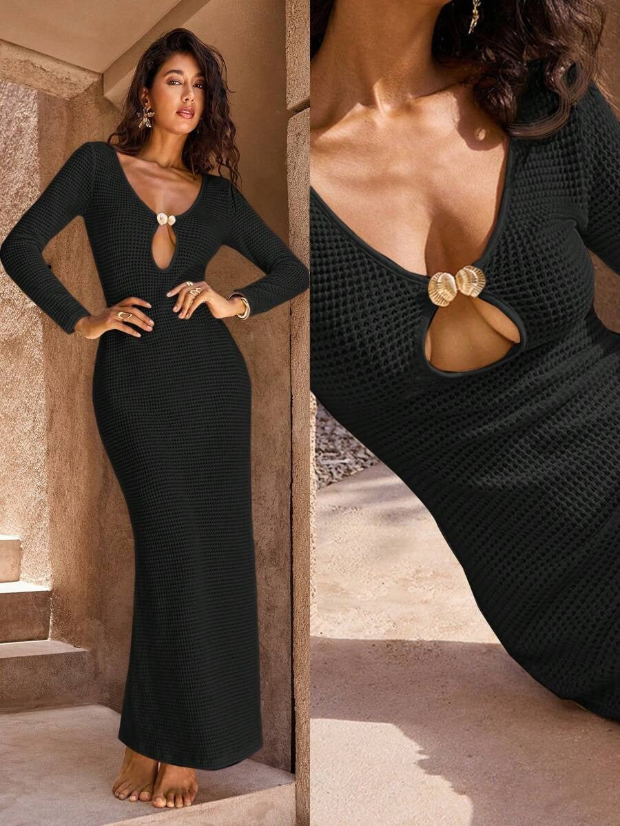 Vestido largo de punto con cuello en V y manga larga