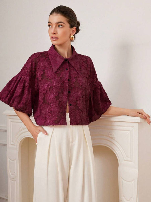 Blusa de manga abullonada con diseño de flores texturizadas