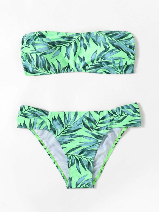 Bañador bikini bandeau con patrón de hoja