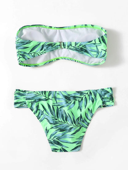 Bañador bikini bandeau con patrón de hoja