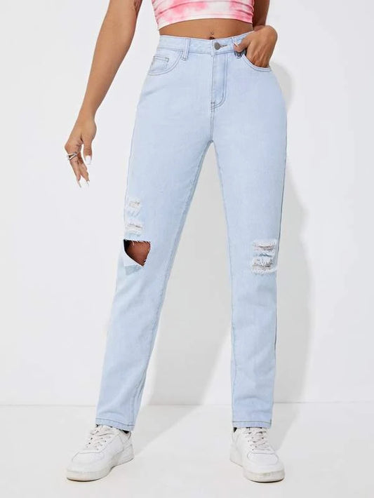 Jeans de pierna recta desgarro crudo