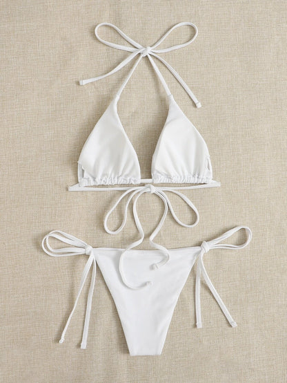 Bañador bikini con cordón lateral triangular Blanco