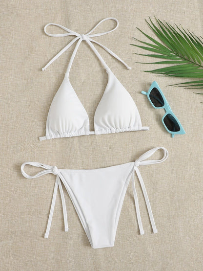 Bañador bikini con cordón lateral triangular Blanco