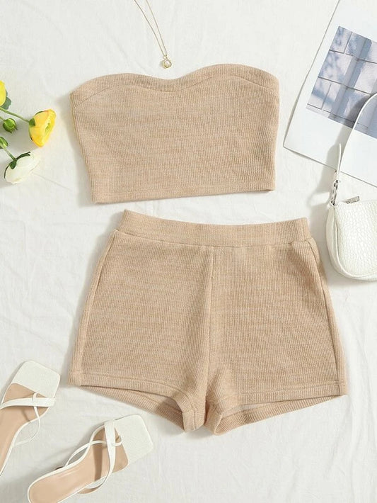 Top Bandeau Tejido De Canalé & Shorts Biker