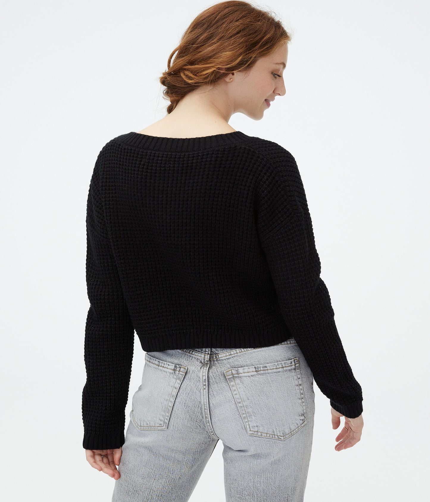 Waffle-Knit Cropped V-Neck Sweater