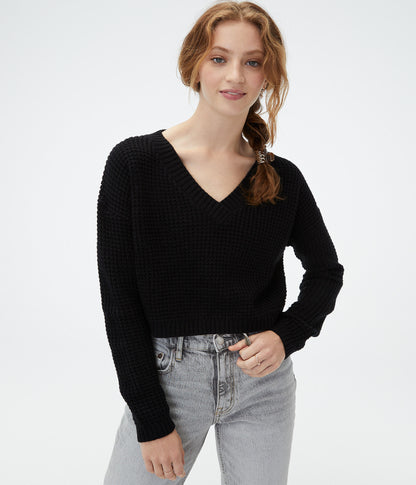 Waffle-Knit Cropped V-Neck Sweater