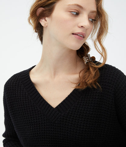 Waffle-Knit Cropped V-Neck Sweater