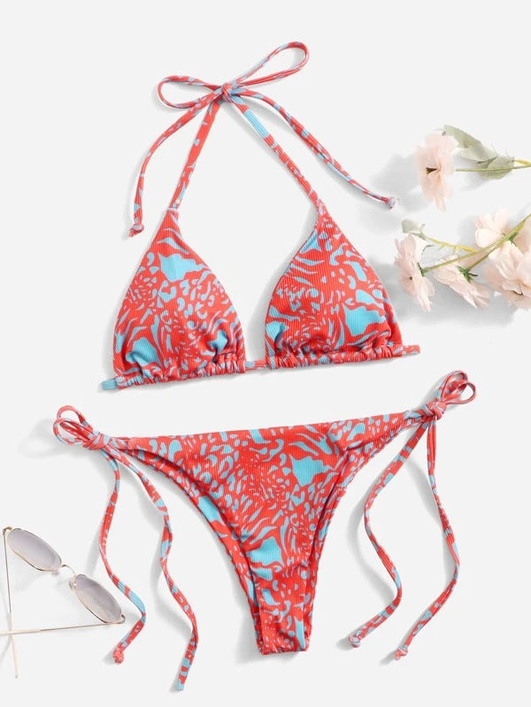 Bañador Bikini Triángulo Halter Con Estampado De Canalé